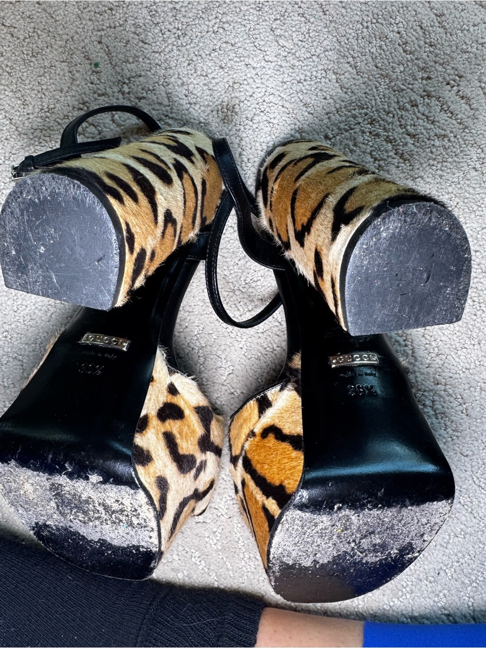 Gucci Leopard Platform Peep-Toe Heels With Gold Hardware Accent & Strap - Picture 8 of 9